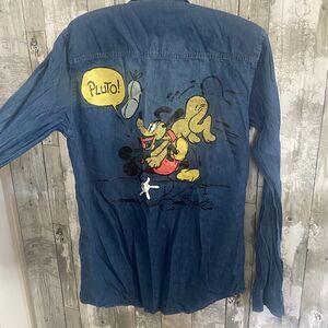 Disney our universe pluto graphic denim long sleeve button up top XS